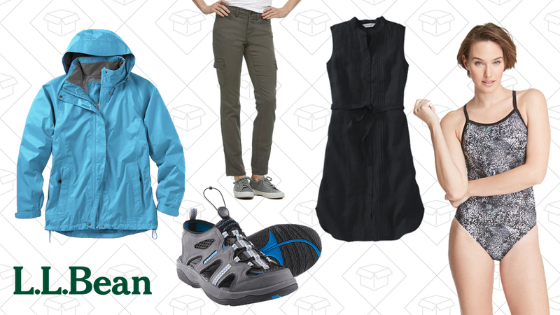 Women’s Stowaway Jacket with Gore-Tex, $150 | Bean’s Performance Stretch Cargo Pants, $50-$60 | Men’s Discovery Sandals, $50 | Premium Washable Linen Dress, $30 | Bean’s Performance Lap Suit, $65
